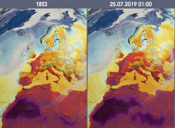 Grafik zweier Karten von Europa 2019 und 1853 nebeneinander, die in verschiedenen Rottönen die Temperaturen darstellen.