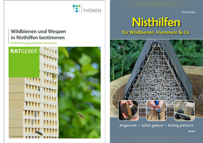 Zwei Titelbilder nebeneinander – das linke zeigt eine hölzerne Nisthilfe in Turmform, die von Bienen angeflogen wird, das rechte zeigt eine dreieckige Nisthilfe aus verschiedenen Materialien und darunter drei kleine Fotoausschnitte der jeweiligen Fertigungsschritte.